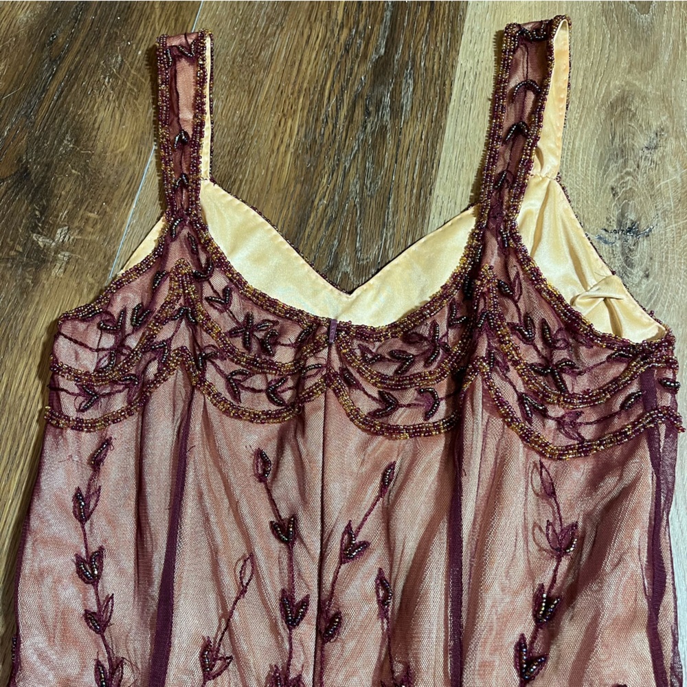 Vintage Y2K Beaded Dress Vintage Embroidered Mesh Burgundy Bow Flapper Dress - Picture 10 of 14